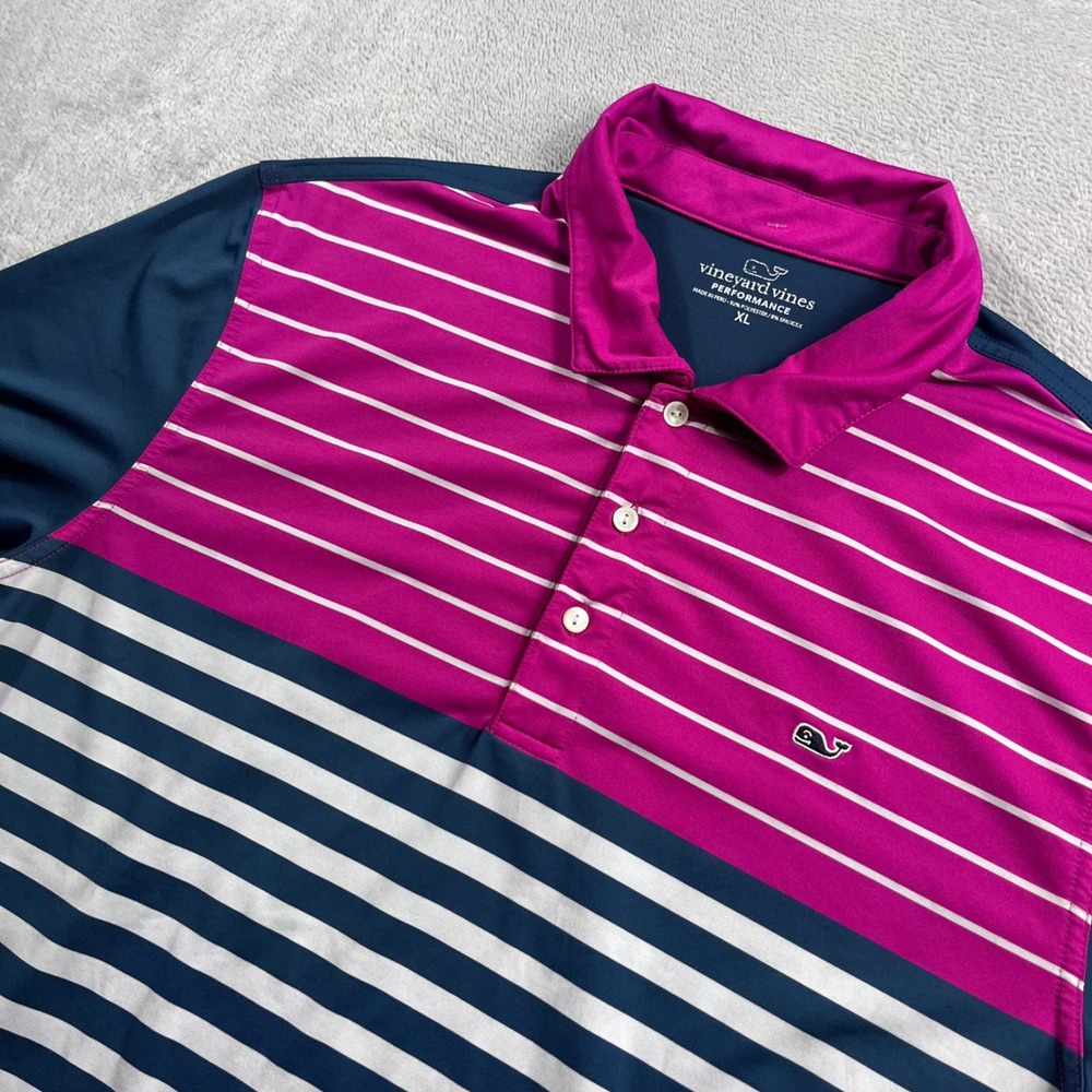 Vineyard Vines Performance Polo Shirt Mens XL Pink Navy Blue Striped Golf Top